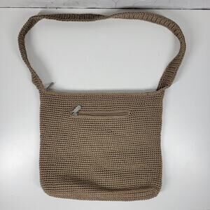 Vintage Sak Crochet Shoulder Bag 10" Dark Tan Nylon Ladies Handbag Pockets